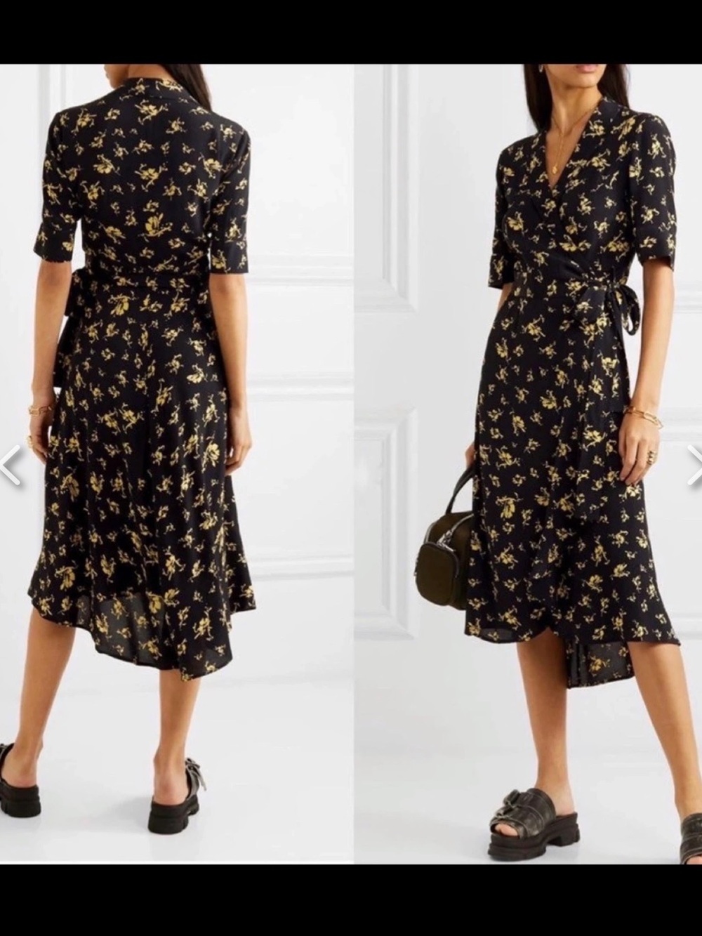 GANNI Dalton Wrap Dress Midi Floral Tie Waist V-Neck Feminine Scandi Chic Size34